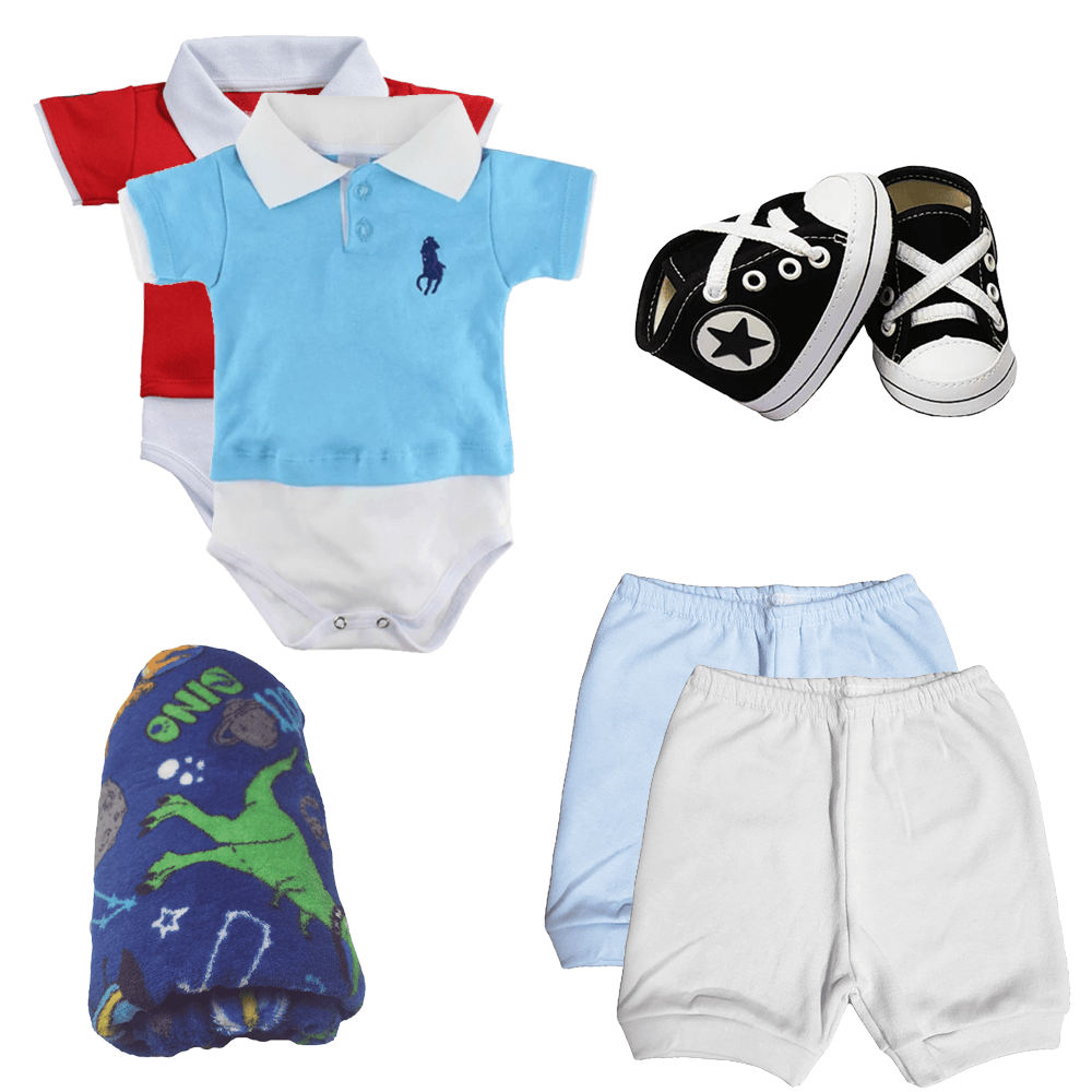 Kit 7 Peças Body Polo e Short Naninha Sapatinho Manta Menino