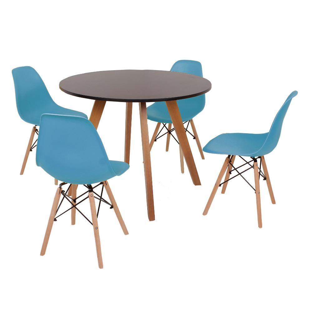 Mesa Inês 100cm Preta com 4 Cadeiras Eames Eiffel Turquesa