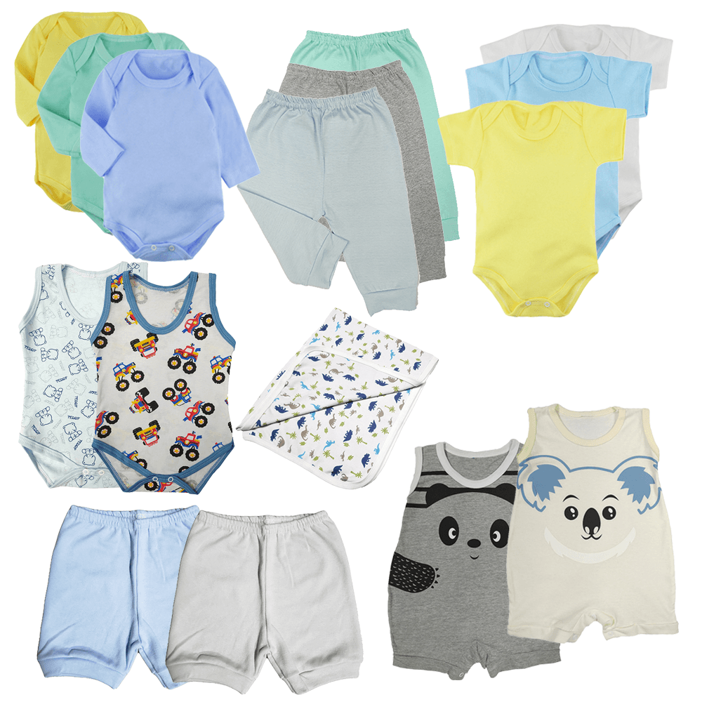 Kit Roupa de Bebê 16 Pças Body Mijão Macacão Shorts e Cueiro