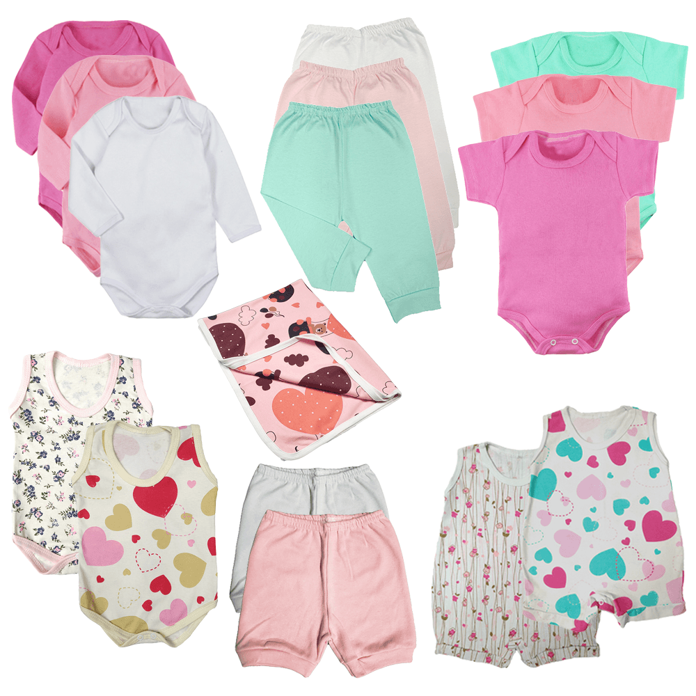 Kit Roupa de Bebê 16 Pças Body Mijão Macacão Shorts e Cueiro