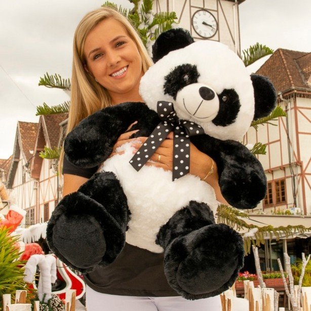 Urso Panda de Pelúcia 67 cm - Com Laço Preto com Bolinhas Brancas