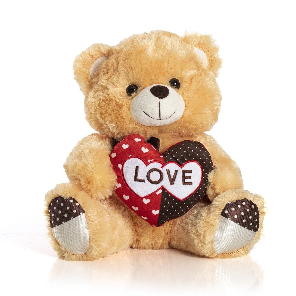 Urso de Pelúcia 34 cm Sentado - Too Much Caramelo Com Coração Vermelho e Marrom