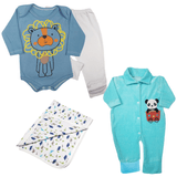 Kit Roupas de Bebê 4 Peças Body Mijão Macacão Plush e Cueiro