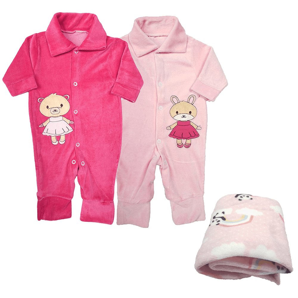 Kit Roupas de Bebê 3 Peças Macacão Plush e Manta Microfibra