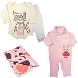 Kit Roupas de Bebê 4 Peças Body Mijão Macacão Plush e Cueiro