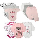 Kit Bebê 9 Peças Body Estampado Manga Curta e Longa e Mijão