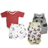 Kit Bebê 4 Peças Body Curto Macacão e Shorts Estampado Verão