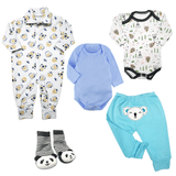 Kit Bebê 5 Peças Macacão Longo Suedine Body Mijão e Pantufa