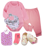 Kit Roupa de Bebê 6 Pçs Body Longo e Mijão e Babador Bandana