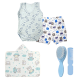 Kit Bebê 5 Pçs Body Shorts Toalha Capuz e Kit Pente e Escova