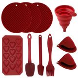 Kit de Utensílios Silicone Vinho Bordô 10 Peças - Espátulas, Pincel, Funil Retrátil, Forma de Gelo, Descanso de Panela e