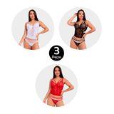 Kit 3 Corpete Imi Lingerie Corset Corselet Com Bojo Renda Tule Fio Duplo Angelina