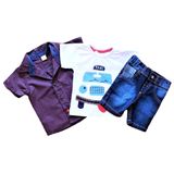 Conjunto 3pçs Din Don Camiseta Camisa E Bermuda Jeans Menino Bebê