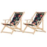 Conjunto 2 Espreguiçadeiras Preguiçosa Dobrável Madeira Maciça Natural Com Tecido Preto Floral