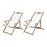Conjunto 2 Cadeiras Espreguiçadeira Dobrável Madeira Maciça Natural com Tecido Branco