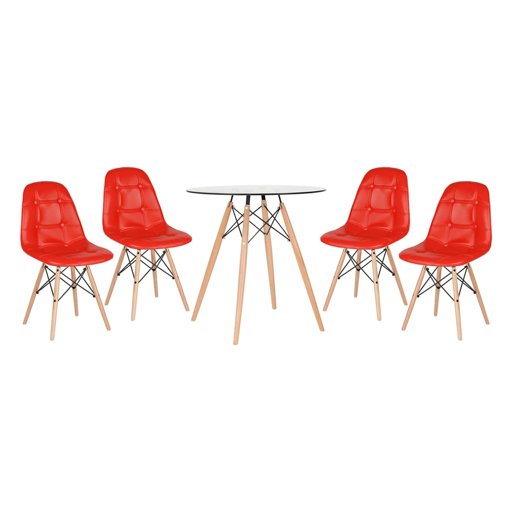 KIT - Mesa Eames 70 cm com tampo de vidro + 4 cadeiras Eames Botonê - Vermelho