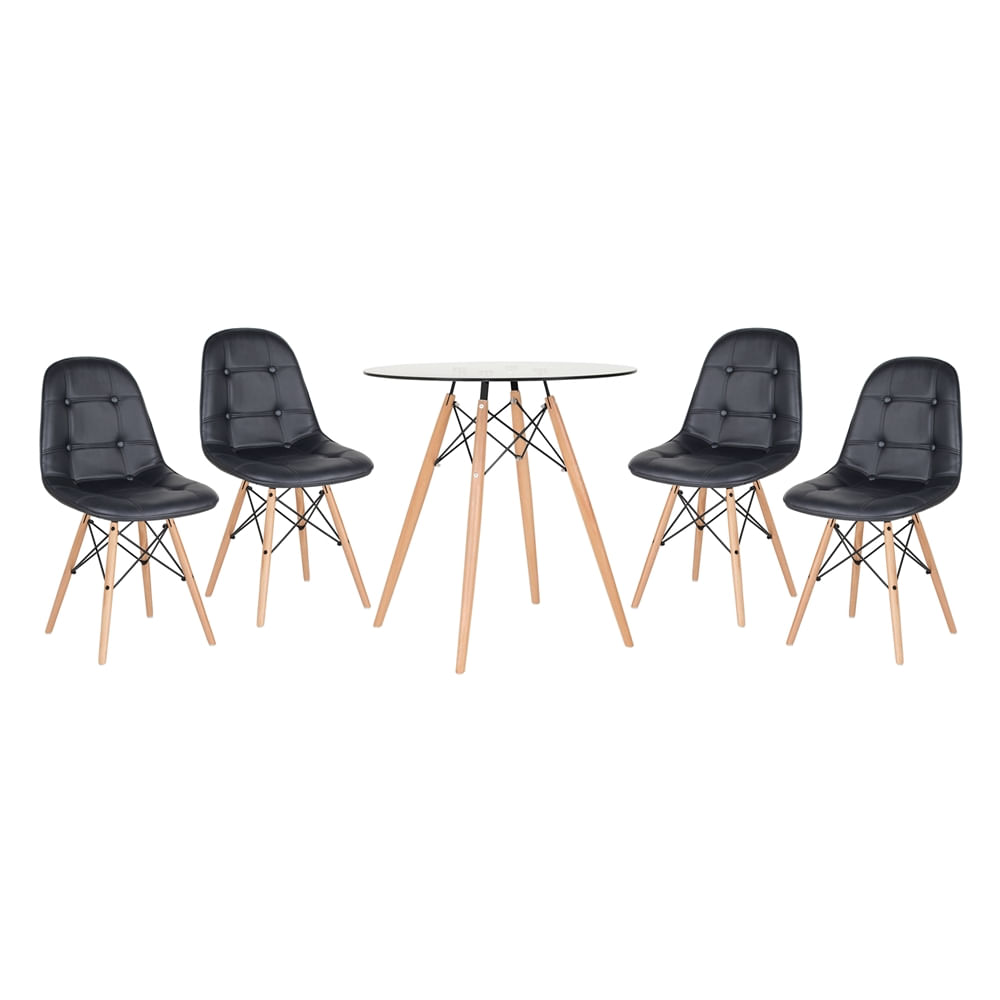 KIT - Mesa Eames 70 cm com tampo de vidro + 4 cadeiras Eames Botonê - Preto