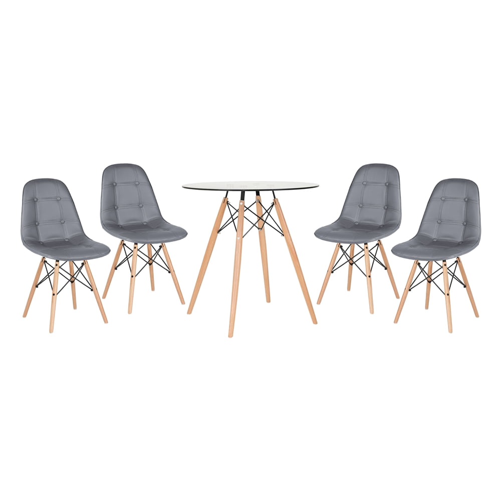 KIT - Mesa Eames 70 cm com tampo de vidro + 4 cadeiras Eames Botonê - Cinza escuro