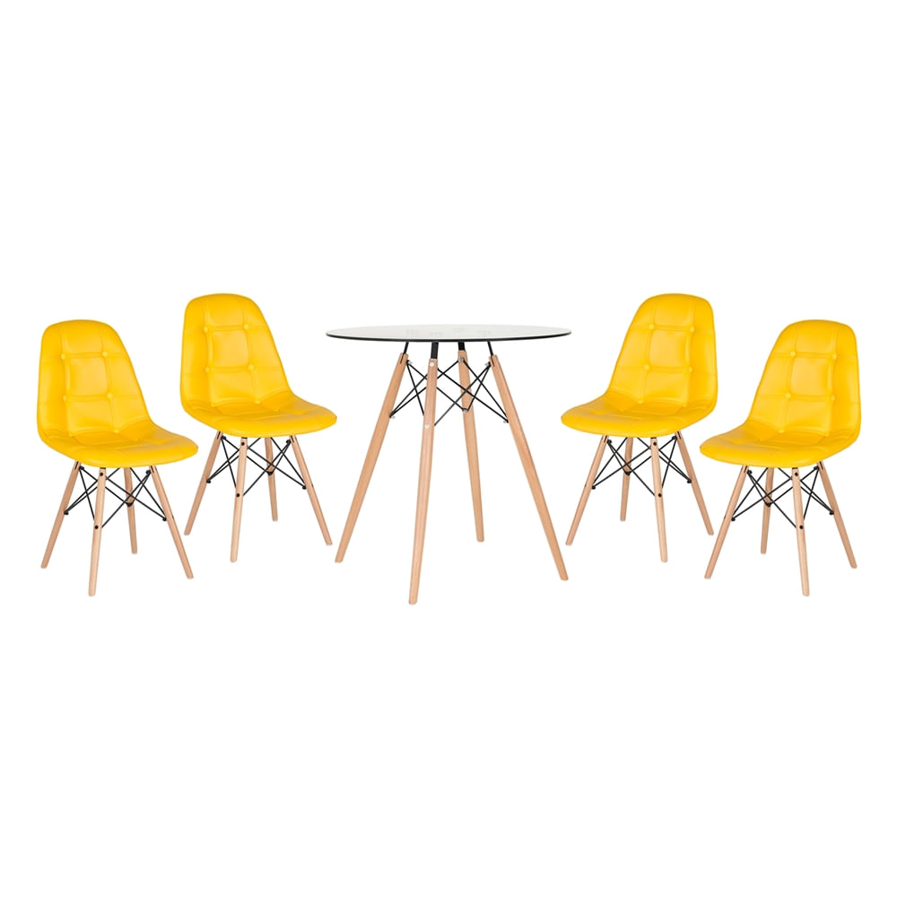 KIT - Mesa Eames 70 cm com tampo de vidro + 4 cadeiras Eames Botonê - Amarelo