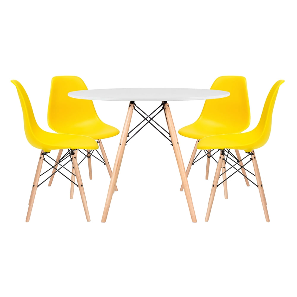 KIT - Mesa Eames 100 cm branco + 4 cadeiras Eames DSW - Amarelo