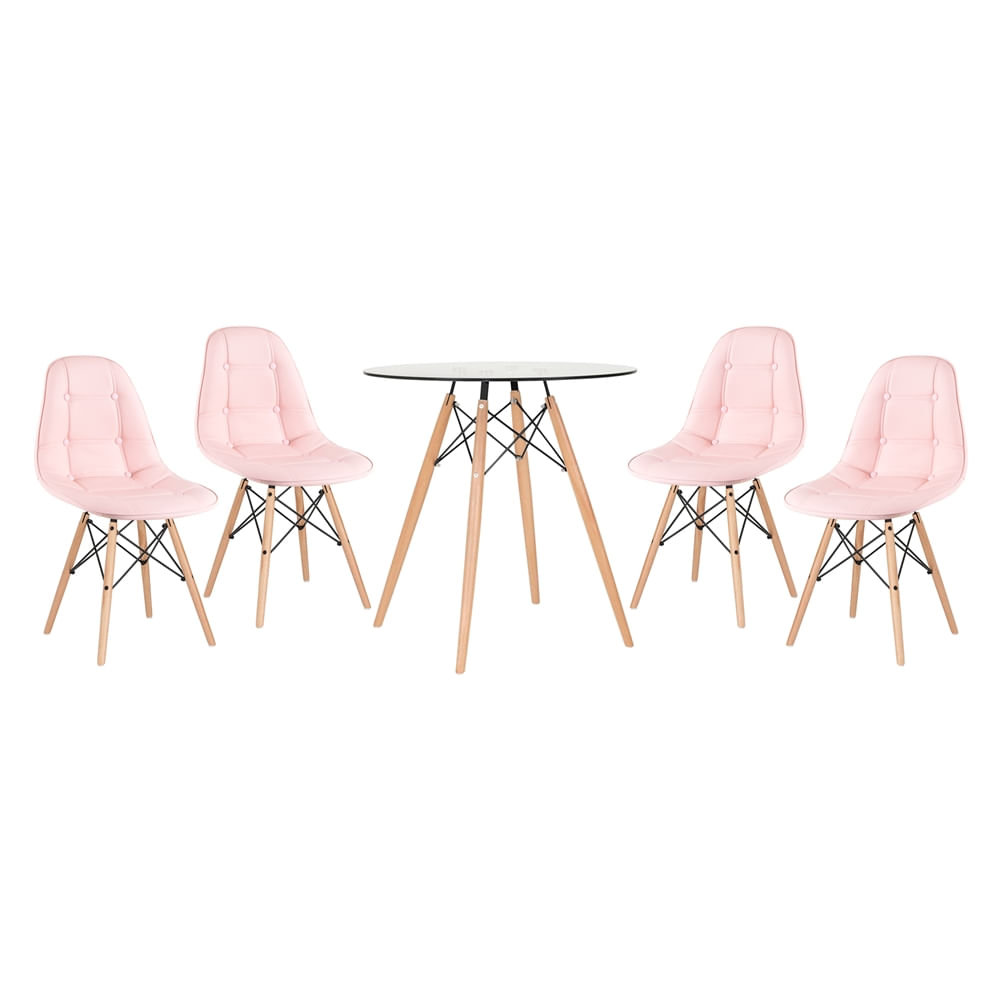 KIT - Mesa Eames 70 cm com tampo de vidro + 4 cadeiras Eames Botonê - Rosa