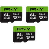 Pny 64gb Elite-x Classe 10 U3 V30 Microsdxc Cartão De Memória Flash 3-pack - 100mb/s, Classe 10, U3, V30, A1, 4k Uhd, Full Hd, Uhs-i, Micro Sd