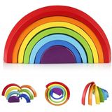 Coogam Wooden Rainbow Stacker Nesting Puzzle Blocks - Tunnel Stacking Game Building Creative Color Shape Matching Jigsaw Learning Toy Set Board Early
