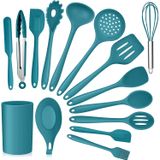 Conjunto De Utensílios De Cozinha Azul Teal, E-far 15 Peças De Silicone Utensílios De Cozimento Com Suporte, Panela Antiaderente Amigável &amp, Resis