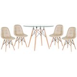 KIT - Mesa de vidro Eames 100 cm + 4 cadeiras estofadas Eames Eiffel Botonê - Bege