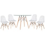 KIT - Mesa de vidro Eames 100 cm + 4 cadeiras estofadas Eames Eiffel Botonê - Branco