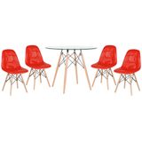 KIT - Mesa de vidro Eames 90 cm + 4 cadeiras estofadas Eames Eiffel Botonê - Vermelho