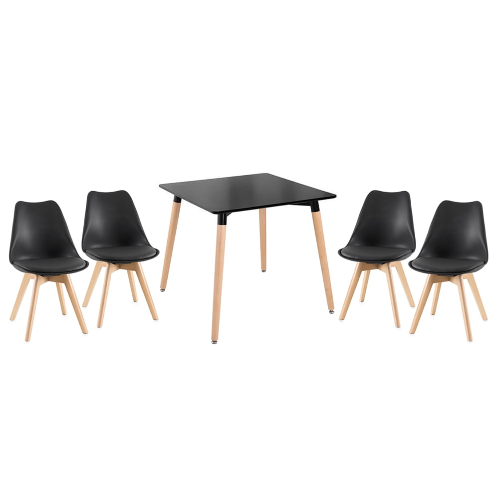 KIT - Mesa de jantar quadrada Eames preto + 4 cadeiras estofadas Leda - Preto