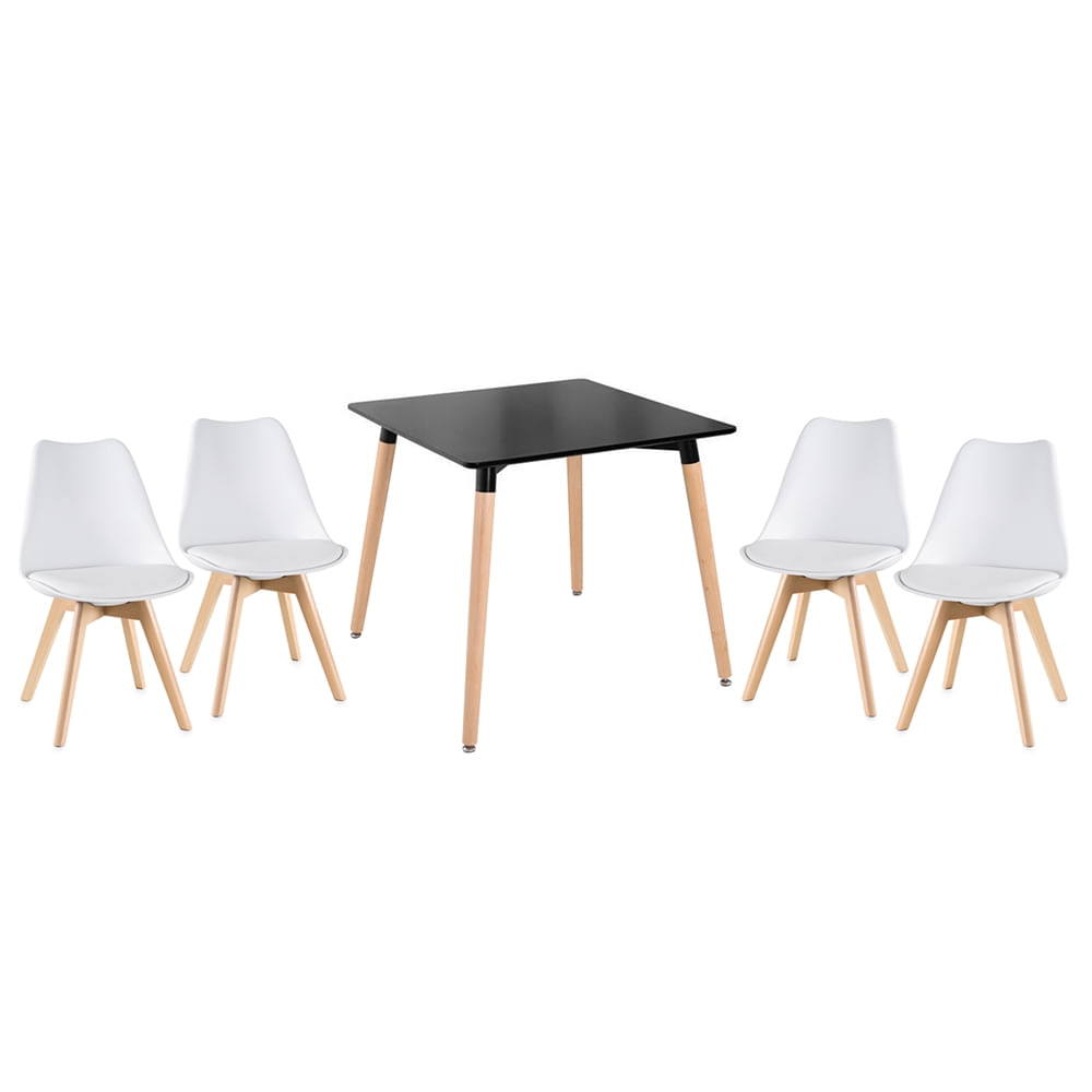 KIT - Mesa de jantar quadrada Eames preto + 4 cadeiras estofadas Leda - Branco