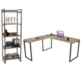 Conjunto Escritório Estilo Industrial Mesa 150x150cm e Estante 60cm 5 Prateleiras Prisma Carvalho -