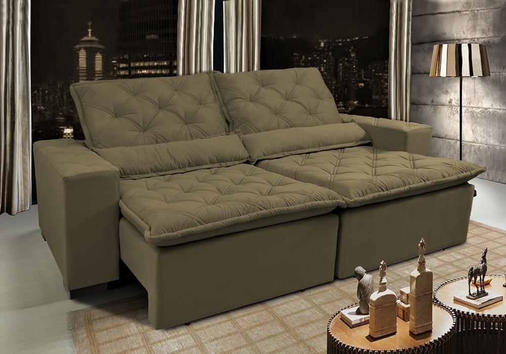 Sofá Lisboa 2,92m Retrátil, Reclinável com Molas no Assento Tecido Suede Grafiato Castor - Cama InBox