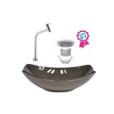 Cuba De Vidro Oval Chanfrada 46cm Marrom + Valvula Torneira