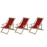 Conjunto 3 Espreguiçadeiras Preguiçosa Dobrável Madeira Maciça Natural com Tecido Vermelho