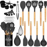 Umite Chef Cozinha Cozinha Utensílios Conjunto, 33 Pcs Anti-stick Silicone Cozinha Utensílios Espátula Conjunto Com Suporte, Cabo De Madeira Silicone