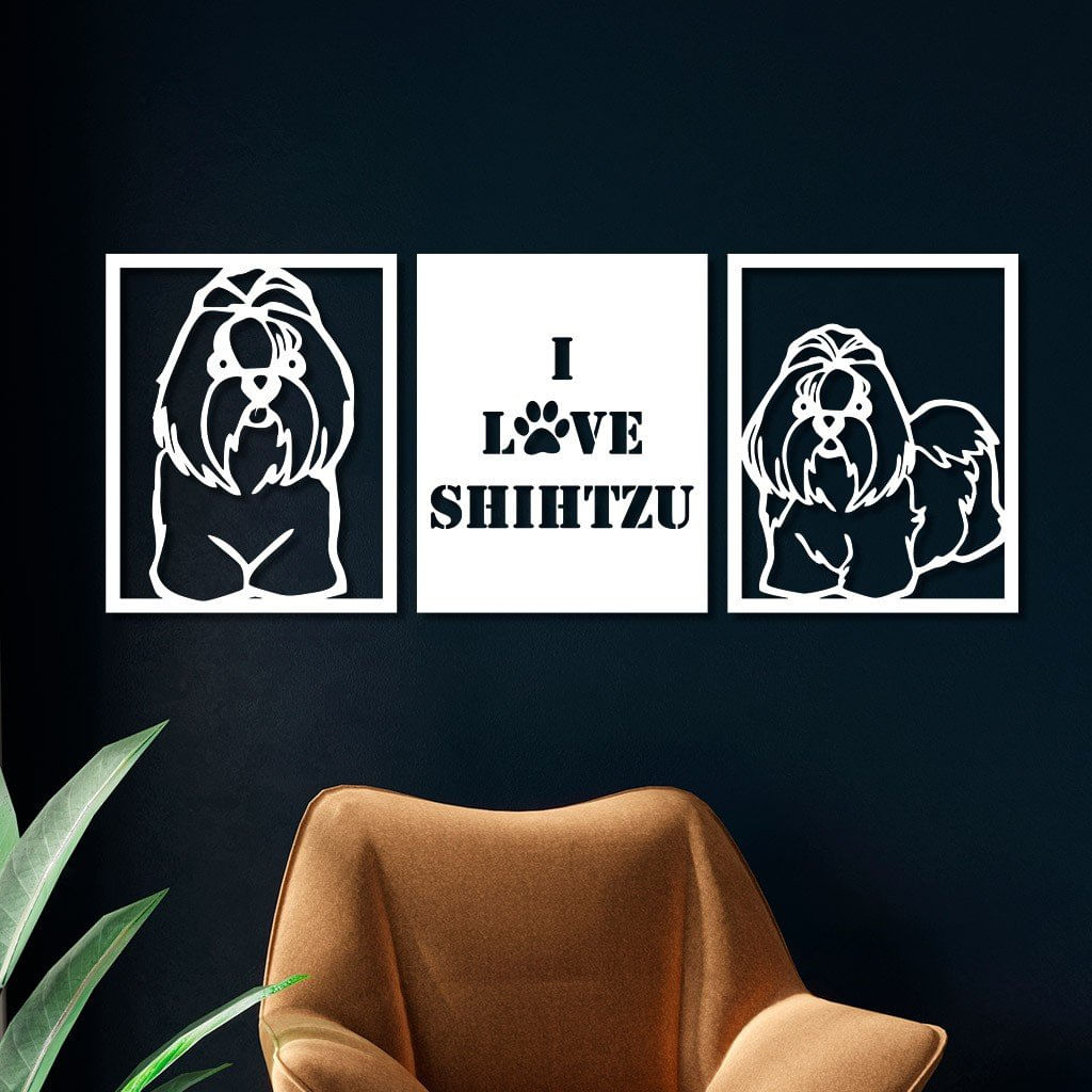 Conjunto 3 Quadros Vazados Em Mdf Shihtzu Com Moldura