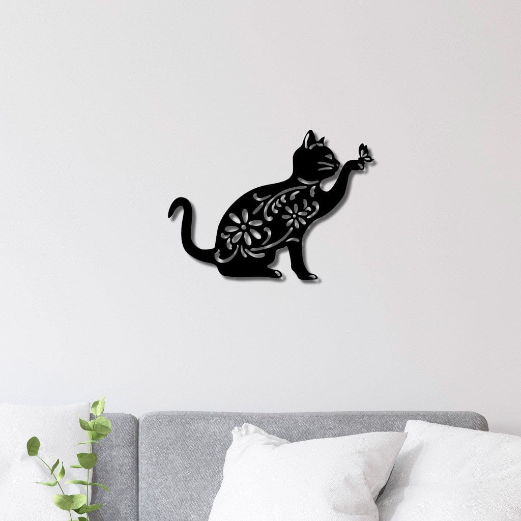 Escultura De Parede Em Mdf Gato Florido