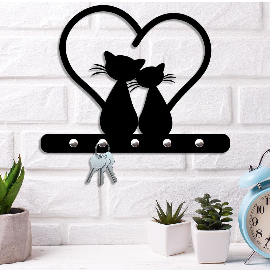 Porta Chaves De Parede Casal Gato Coração