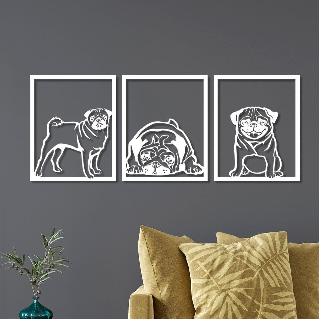 Conjunto 3 Quadro Vazado Em Mdf Pug Com Moldura