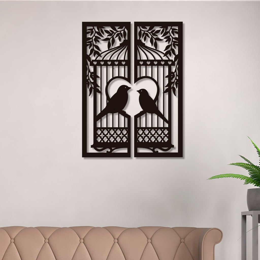 Conjunto 2 Quadros Vazados Em Mdf Gaiola Passarinho