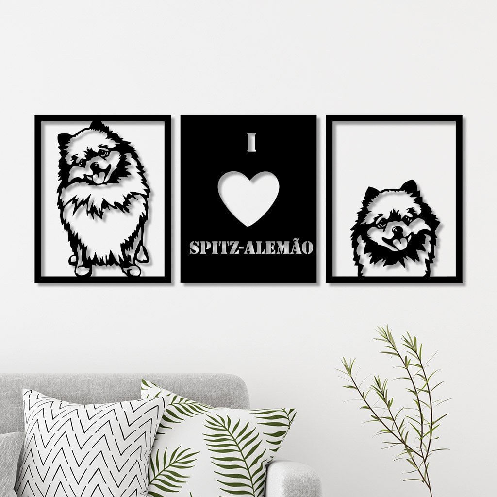 Conjunto 3 Quadros Vazados Em Mdf Spitz Alemão Com Moldura