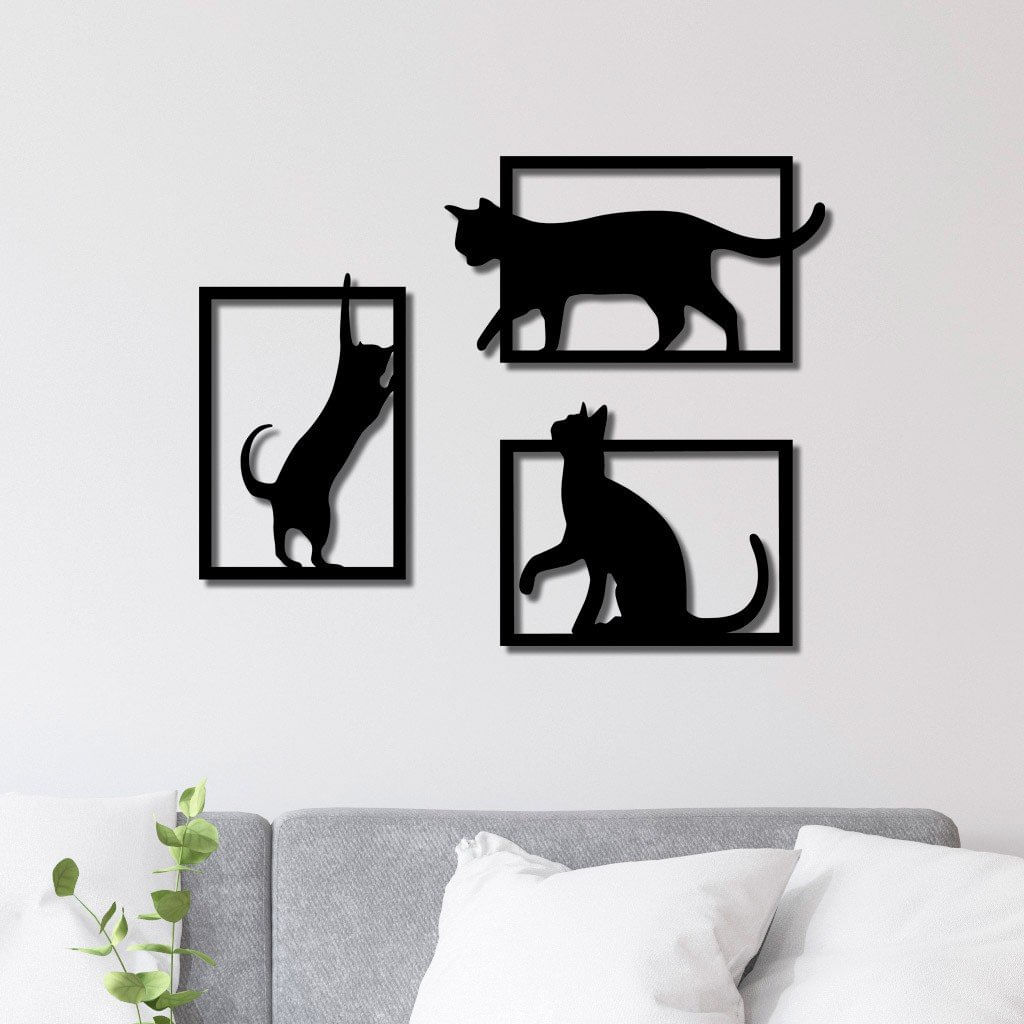Conjunto 3 Quadros Vazados Em Mdf Trio De Gatos