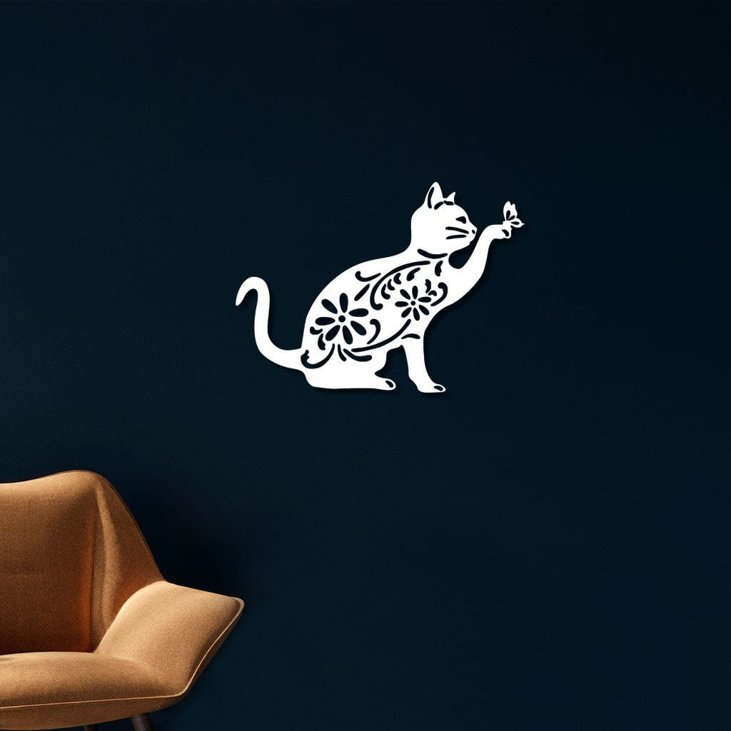 Escultura De Parede Em Mdf Gato Florido