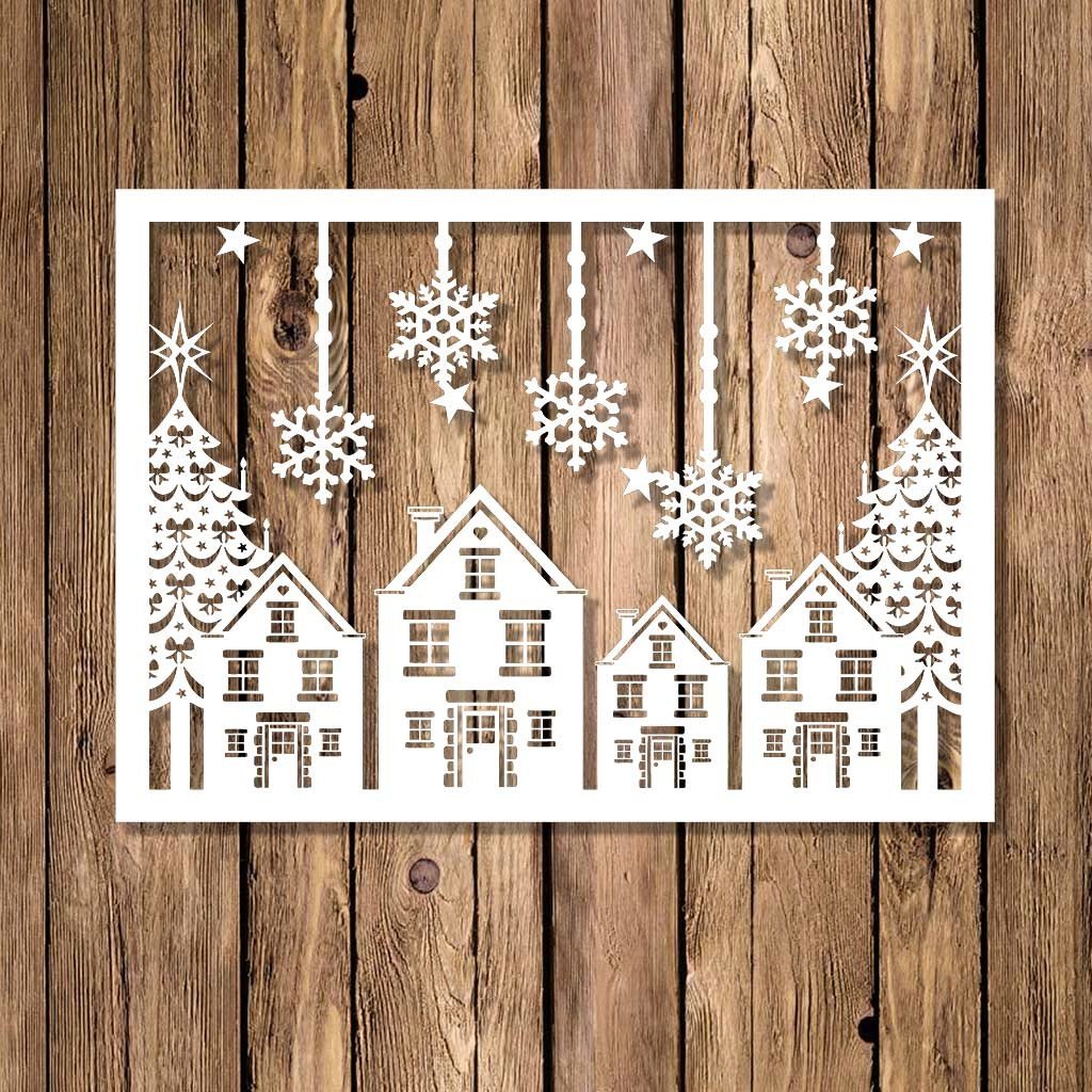 Aplique De Natal Vazado Em Mdf Casas E Neve