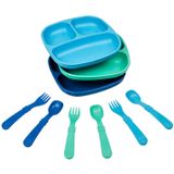 Re-play Made In The Usa Dinnerware Set - 3pk Pratos Divididos Com Conjunto De Utensílios Correspondentes (true Blue)