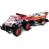 Mozlly Monster Truck Trailer &amp, Speed Boat Friction Push Powered Hauler Play Set Outdoor Beach Sandbox Boy Toy Monster Truck Fun Toy Vehicle Adven