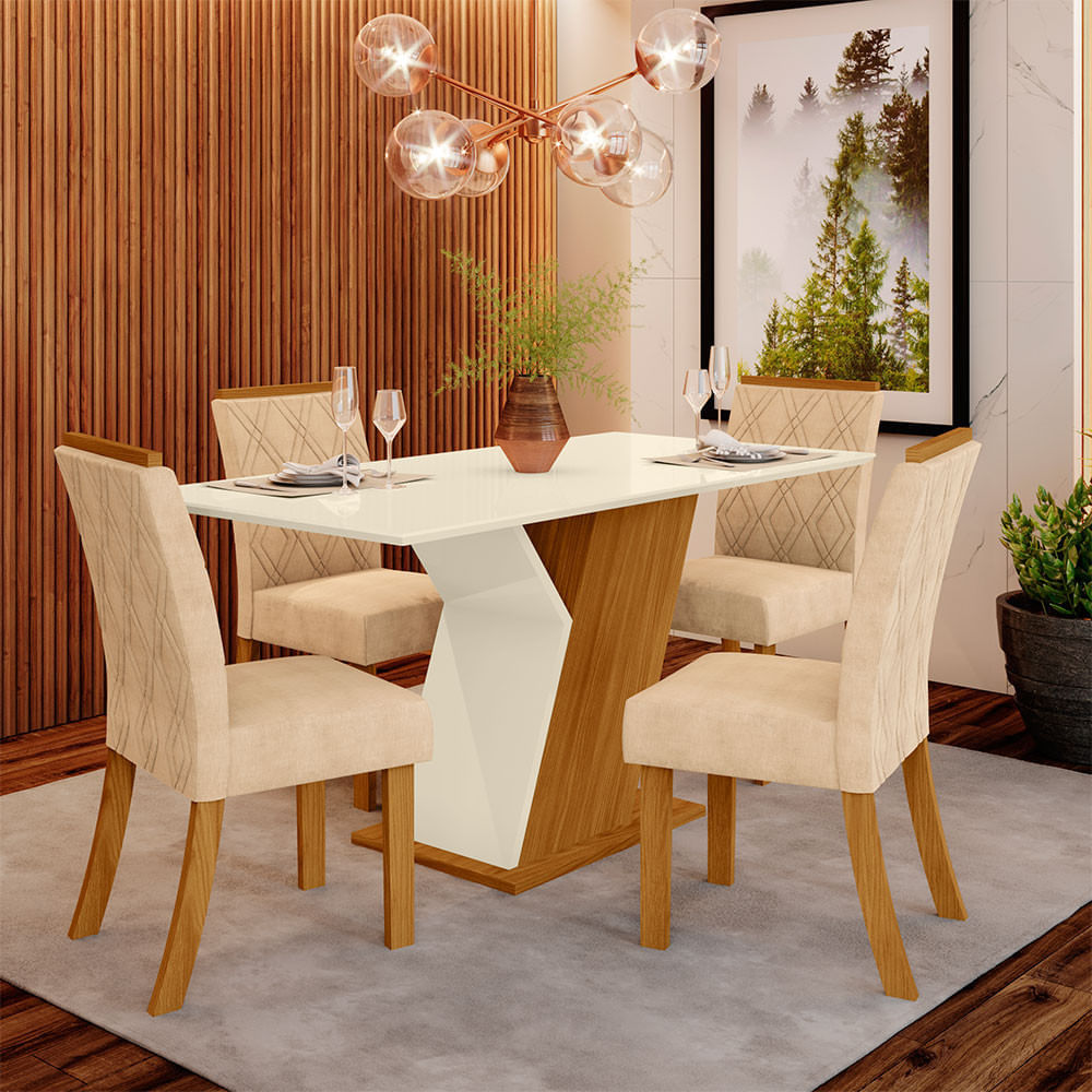 Conjunto Mesa Tampo MDF e 4 Cadeiras de Jantar Estofadas Lupita Casa 812